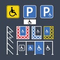 Vector road sign disabled handicapped parking signs and symbols, wheelchair icon, white, blue and yellow markings set Royalty Free Stock Photo