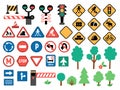 Vector road signs set. Railway and traffic street icons collection with barrier, semaphore, construction works cone. Cute highway Royalty Free Stock Photo