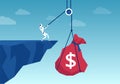 Vector of a robot pulling up from a cliff a sack of money Royalty Free Stock Photo