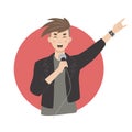Vector rock singer with microphone and punk hand gesture. Rocker man with earrings and armlet singing heavy metal. Flat