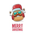 Vector rock star santa potato funny cartoon cute character with with red santa hat and calligraphic merry christmas text