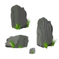 Vector rock stone and grass set cartoon. Stones and rocks in isometric 3d flat style. Set of different boulders. Cartoon or Video Royalty Free Stock Photo