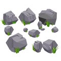 Vector rock stone and grass set variety shape for cartoon. Stones and rocks in isometric 3d flat style. Set of different boulders