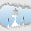 Vector of rocket launch with dollar sign. Rocket ship in a flat