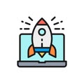 Vector rocket launch from laptop, startup flat color line icon. Royalty Free Stock Photo