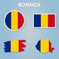Vector Romania flag blowing in the wind. in Romania map shape Royalty Free Stock Photo
