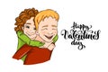 Vector romantic illustration - girl and boy piggybacking and hugging - for love confession, Valentine`s day greeting card, holida