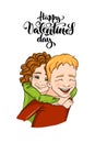 Vector romantic illustration - girl and boy piggybacking and hugging - for love confession, Valentine`s day greeting card, holida