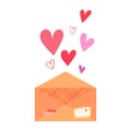 Vector romantic illustration with a love letter, envelope with stamps and hearts on a white background. Royalty Free Stock Photo