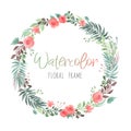 Vector romantic round floral frame with plants and flowers in watercolor style isolated on white background - great for invitation