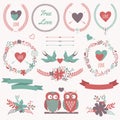 Vector romantic set with bouquets, birds, hearts, arrows, ribbon Royalty Free Stock Photo