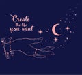 Vector romantic sketch illustration with contour realistic hand with star dust, moon, ring, magic bracelet, curly cute lettering