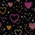 Seamless colorful romantic space pattern with pink, yellow heart shape constellations, comets and stars