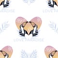 Vector Romantic Toucans with Warm Sunset Heart seamless pattern background. Perfect for fabric, wallpaper and