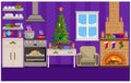 Vector room prepared for the celebration of new year and Christmas. Interior with Christmas tree  fireplace  furniture and treats Royalty Free Stock Photo
