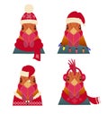Vector Rooster Head set. Cartoon style, in winter, christmas clothing Royalty Free Stock Photo