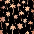 Vector rose gold foil palm trees on black summer seamless pattern background. Metallic copper foil palm trees. Elegant luxurious