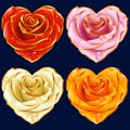 Vector Rose Heart set. Red, yellow, pink and white flowers