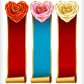 Vector Rose Hearts and Swirl Ribbons vertical Banners set Royalty Free Stock Photo