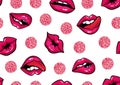 Vector rose, natural womans lips seamless pattern. Lips expressing emotions: smile, kiss, biting lip, licking. Polka dot