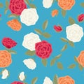 Vector Roses Flowers in Red White Orange Arranged on Turquoise Blue Background Seamless Repeat Pattern. Background for Royalty Free Stock Photo