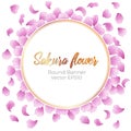 Vector round banner with hand drawn illustration of flying sakura petals. Place for text. Cherry blossom failing petals frame. Iso Royalty Free Stock Photo