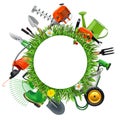Vector Round Blank Frame with Gardening Tools Royalty Free Stock Photo