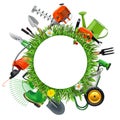 Vector Round Blank Frame with Gardening Tools