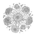 Vector round bouquet with outline Aster flower, ornate foliage and bud in black isolated on white background. Royalty Free Stock Photo