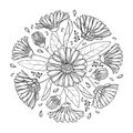 Vector round bouquet of outline Calendula officinalis or pot marigold, bud, leaf and flower in black isolated on white background.