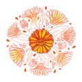 Vector round bouquet of outline Calendula officinalis or pot marigold, bud, leaf and flower in pastel orange isolated on white. Royalty Free Stock Photo