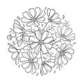 Vector round bouquet with outline Cosmos or Cosmea flower bunch, ornate leaf and bud in black isolated on white background.