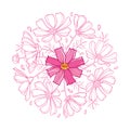 Vector round bouquet with outline Cosmos or Cosmea flower bunch, ornate leaf and bud pastel pink isolated on white background. Royalty Free Stock Photo