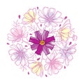 Vector round bouquet with outline Cosmos or Cosmea flower bunch, ornate leaf and bud pastel purple isolated on white background.