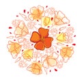 Vector round bouquet with outline orange California poppy flower or California sunlight or Eschscholzia, leaf and bud isolated.