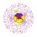 Vector round bouquet with outline Pansy or Heartsease flower, bud and ornate pink leaf in pastel violet and yellow isolated.
