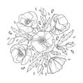 Vector round bouquet with outline Poppy flower bunch, bud and leaves in black isolated on white background. Royalty Free Stock Photo