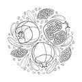 Vector round bunch of outline Pomegranate half and whole fruit, ornate leaf and seed in black isolated on white background.