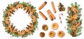 Vector Round Christmas wreath with cinnamon sticks, dried oranges, caramel cane and walnut