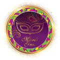 Vector round composition with dotted carnival mask, ornate lace in gold and mosaic frame on white background.