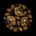 Vector round composition of embroidery golden Rose flower, bud and leaves isolated on black background. Floral embroidery.