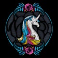 Vector round composition with embroidery mythological white horse Unicorn isolated on black background. Ornate embroidered horse.