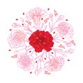 Vector round composition with outline Carnation or Clove. Flower bunch, bud and leaves in red and pastel pink isolated on white. Royalty Free Stock Photo