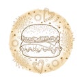 Vector round composition with outline cheeseburger or burger with cheese isolated on pastel beige colored background.