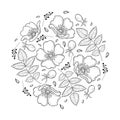 Vector round composition with outline Dog rose or Rosa canina, medicinal herb. Ornate flower, leaf and hip isolated on white.