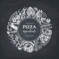 Vector round design with hand drawn pizza ingredients sketches. Vintage frame for pizzeria or cafe menu with meat, seafood, cheese