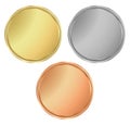 Vector round empty textured gold silver bronze medals. It can b Royalty Free Stock Photo