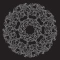 Vector round floral pattern with white line on black background.