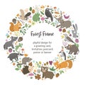 Vector round frame with animals and forest elements on black background. Natural themed banner