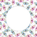 Vector round frame, border from contoured cute pink and blue butterflys in doodle flat style. Simple color background